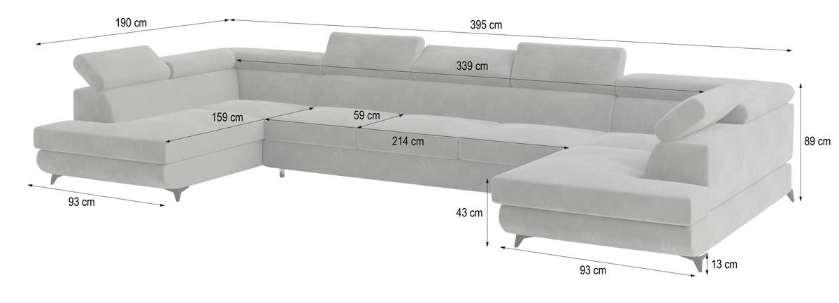WOHNLANDSCHAFT URMANO Beige Velours-Stoff mit Schlaffunktion - Beige, Holz (395/89/190cm) - MASSENO