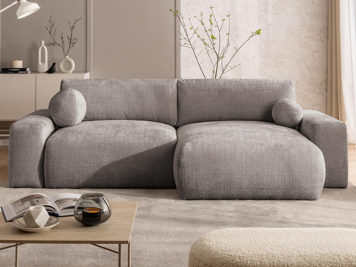 ECKSOFA Puffy mit Schlaffunktion und Bettkasten - besonders weich und puffig aus Taupe Chenille-Stoff - Ottomane rechts - Taupe/Schwarz, Holz/Kunststoff (266/138cm) - S-Style Möbel