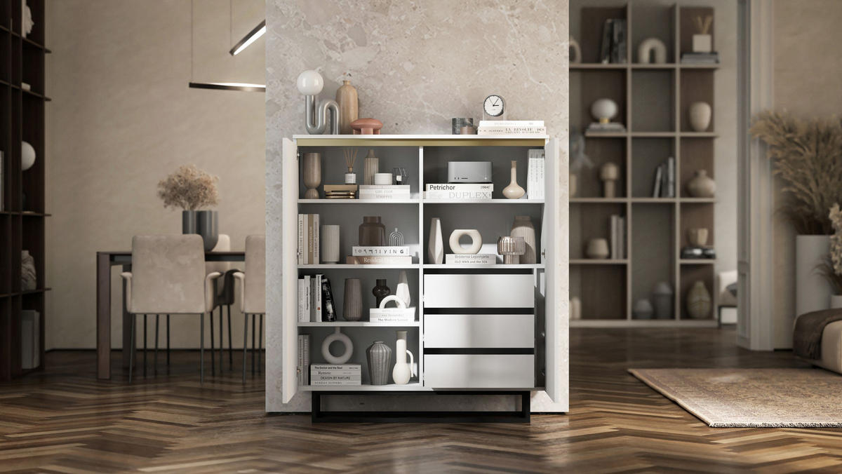 HIGHBOARD Selene 2D Weiß Matt 111 cm - Schwarz/Weiß, Holzwerkstoff/Metall (111/125/35cm) - Meble Lindner
