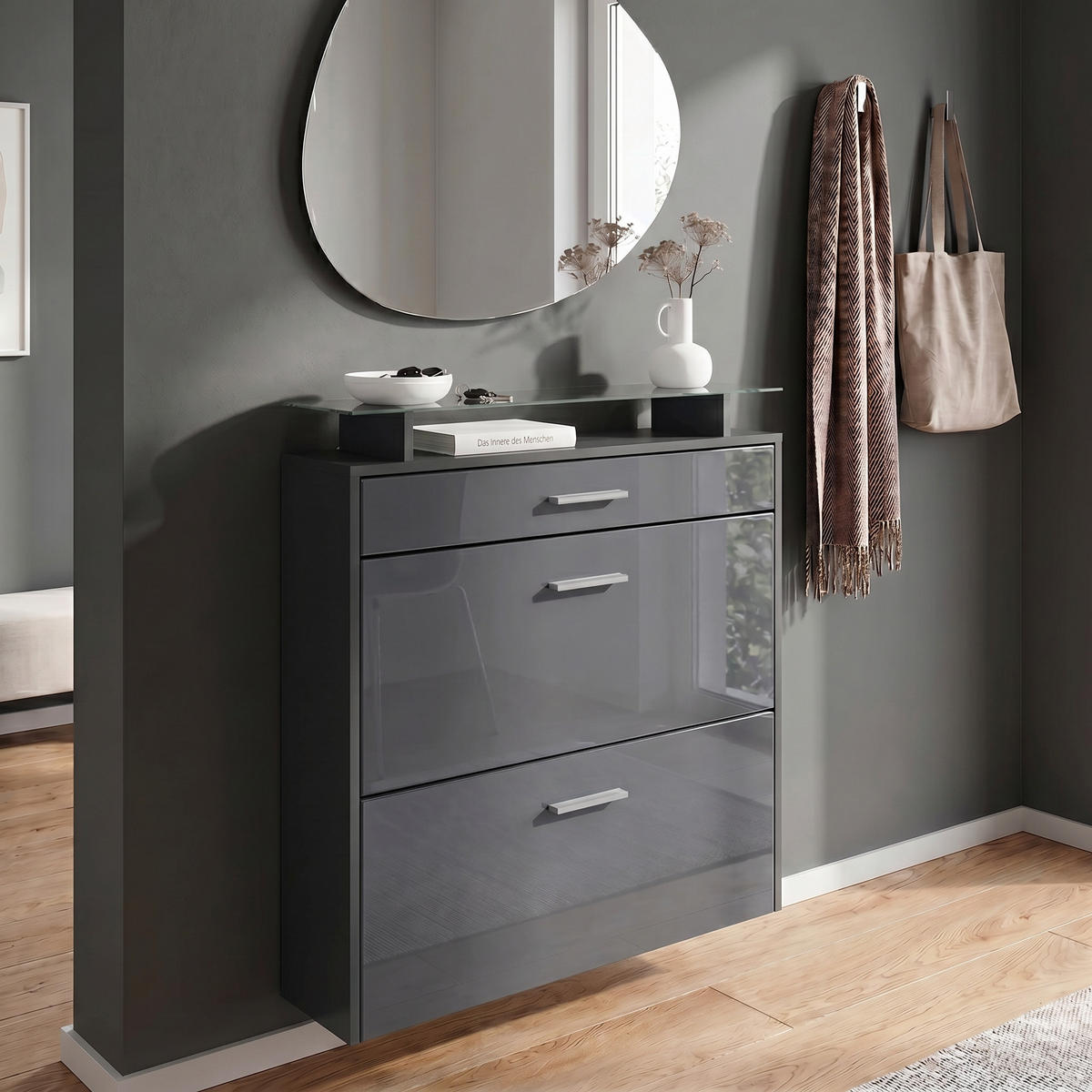 SCHUHSCHRANK Malea Fronten in Grau Hochglanz - Grau, Holzwerkstoff (89/96/23cm) - Vladon
