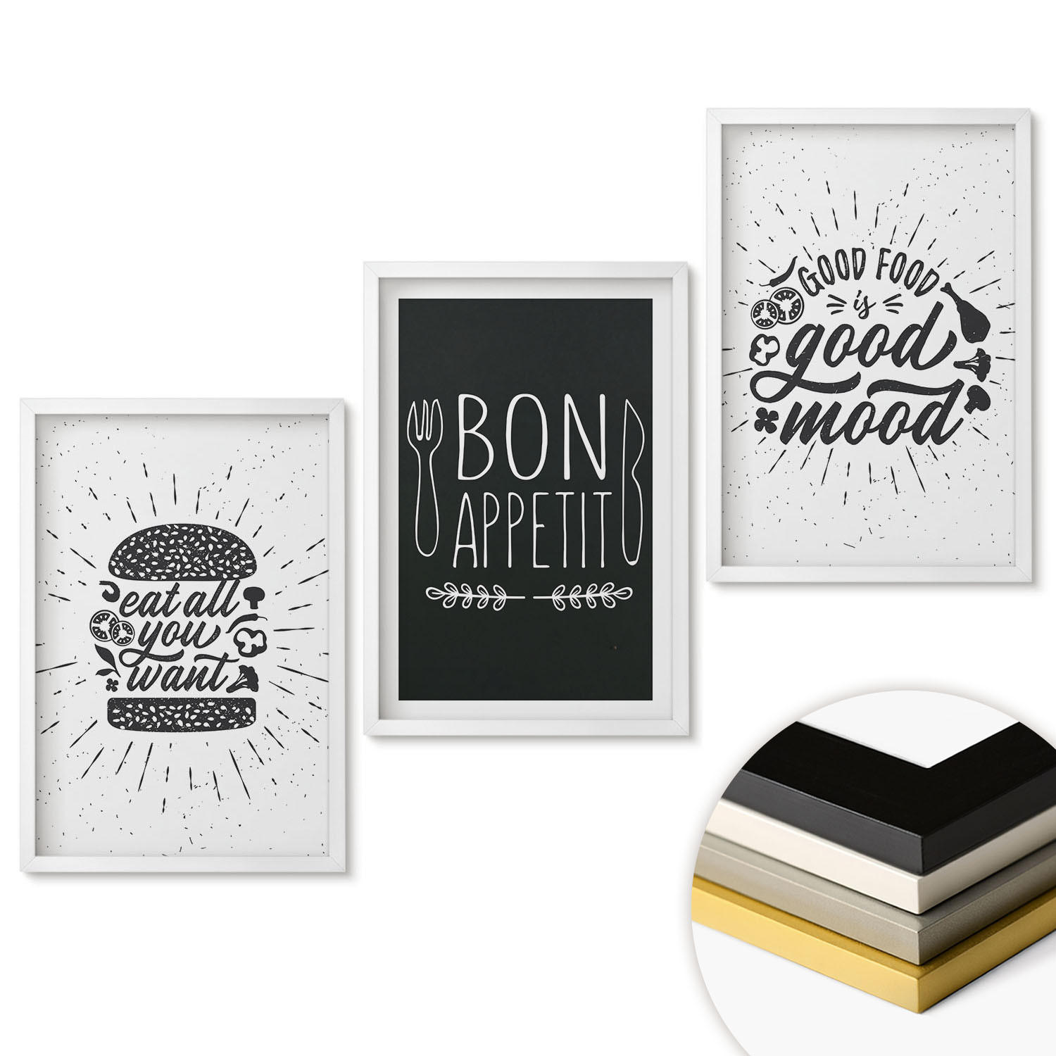 WANDBILDER 3er-Set - 40x60 cm Weißer Rahmen - Grafiken, Lebensmittel, kulinarische Slogans - Weiß, Kunststoff (40/60cm) - ArtPrintCave
