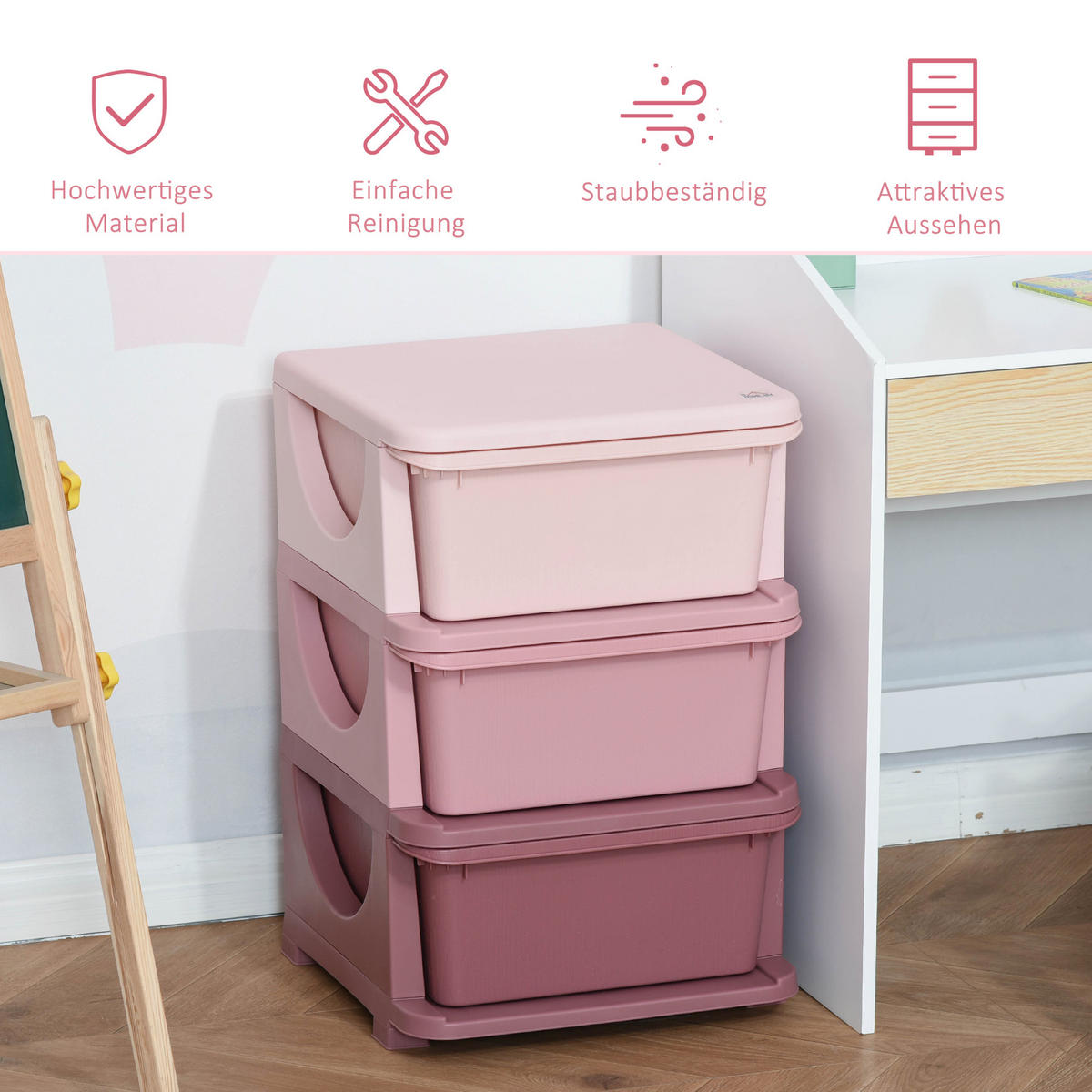 AUFBEWAHRUNGSBOXEN für Kinder, 3 große Schubladen, Kunststoff, Rosa - Rosa, Kunststoff (37/56.5/37cm) - HOMCOM