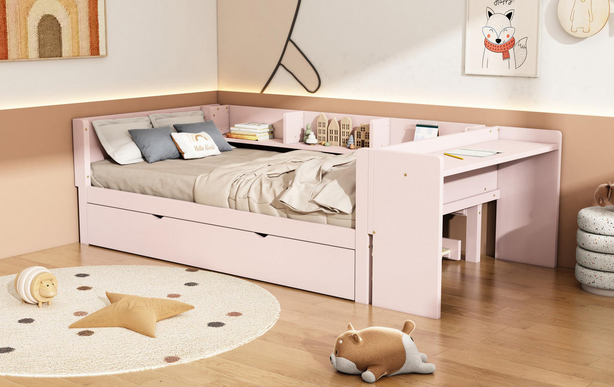 BETT 90/200 cm Rosa aus Kiefernholz und MDF mit Bett, Schreibtisch und Regalen - Rosa, Holz (90/200cm) - OKMYHOME