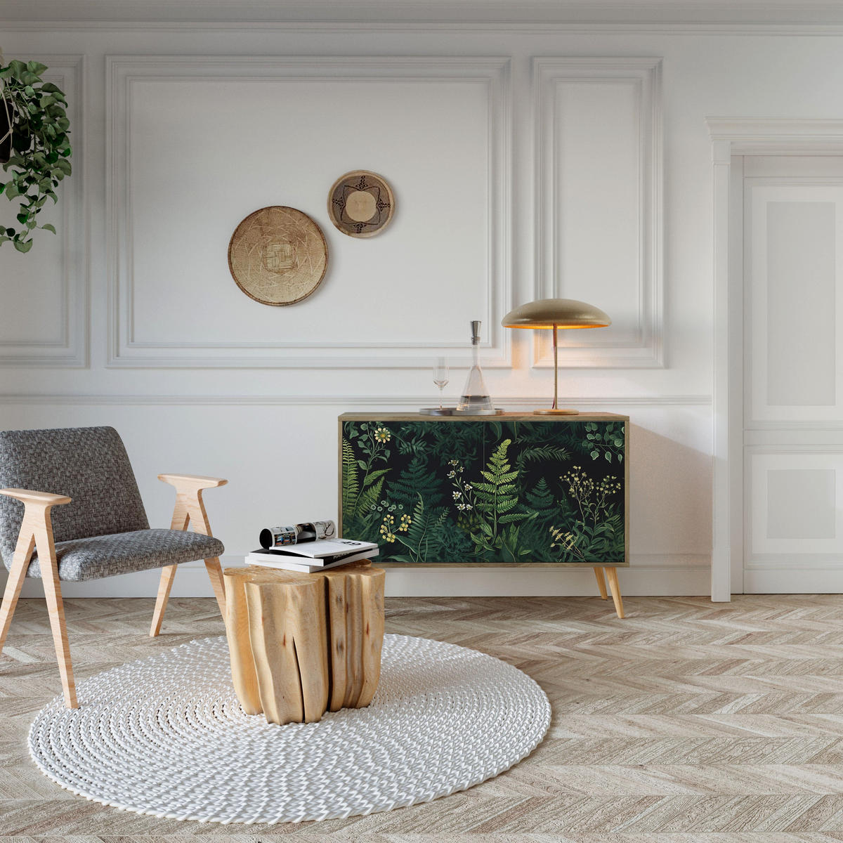 SIDEBOARD FERN FLOWERS, Eicheneffekt, 111x42x77,5 cm, 2 Türen - Eichefarben/Buchefarben, Holzwerkstoff/Buchenholz (111/77.5/42cm) - SpaceRebels