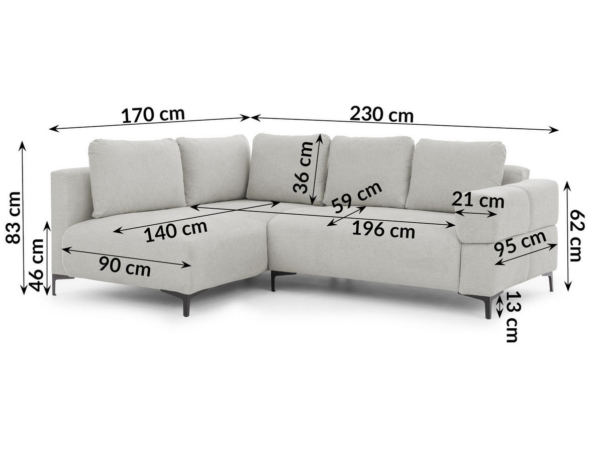 ECKSOFA Cardea in Bubble-Optik aus weichem Hellgrau Strukturstoff mit hohem Sitzkomfort - Ottomane links - Hellgrau/Schwarz, Holz/Textil (170/230cm) - S-Style Möbel