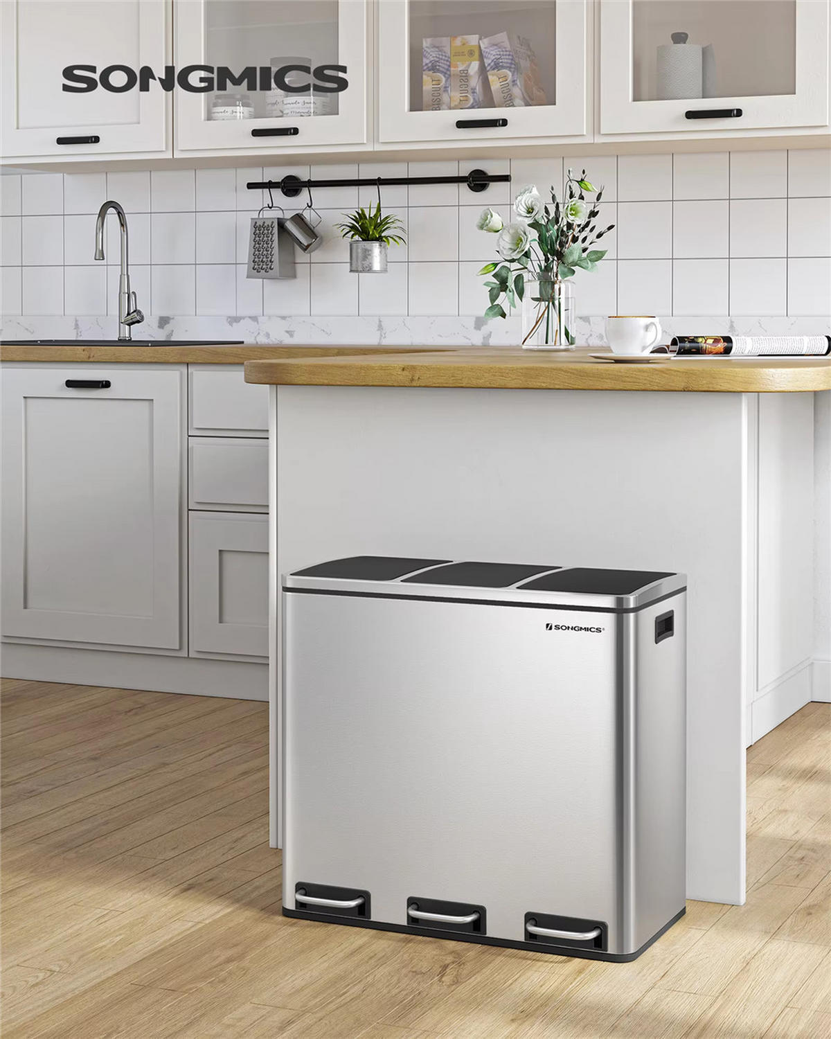 MÜLLEIMER 3x18 L Mülltrennsystem 3 Fächer ergonomisch - Silberfarben, Metall (61/84.5/31.5cm) - Kaket