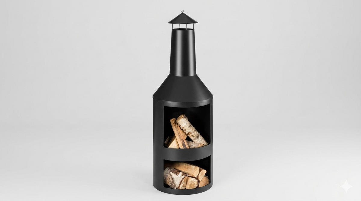 TERRASSENKAMIN – 502594 Gartenkamin 135cm mit Funkenfluggitter, Schornstein & Schürhaken, Pulverbeschichtet, Hitzebeständig, Rostfrei, Stabiler Stand - Schwarz, Metall (45/135/45cm) - Resch