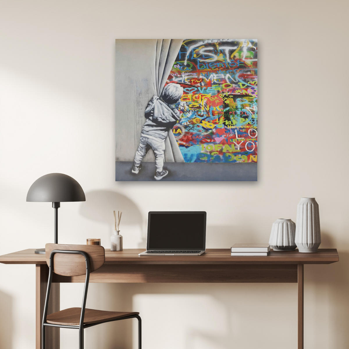 AKUSTIKBILD Graffiti - Junge - Ilussie - Straßenkunst Akustikpaneele 80x80 cm - Hellgrau, Kunststoff (80/80/0.9cm) - MuchoWow