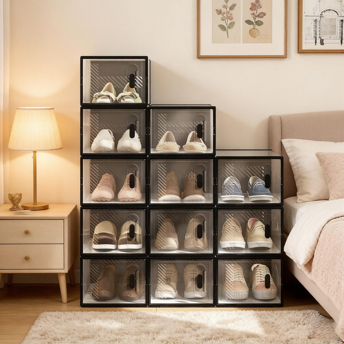 SCHUHBOX-SET Schwarz & Transparent 12er-Set 50/35,5/111,5 cm - Schwarz, Kunststoff (50/111.5/35.5cm) - PANGIVO