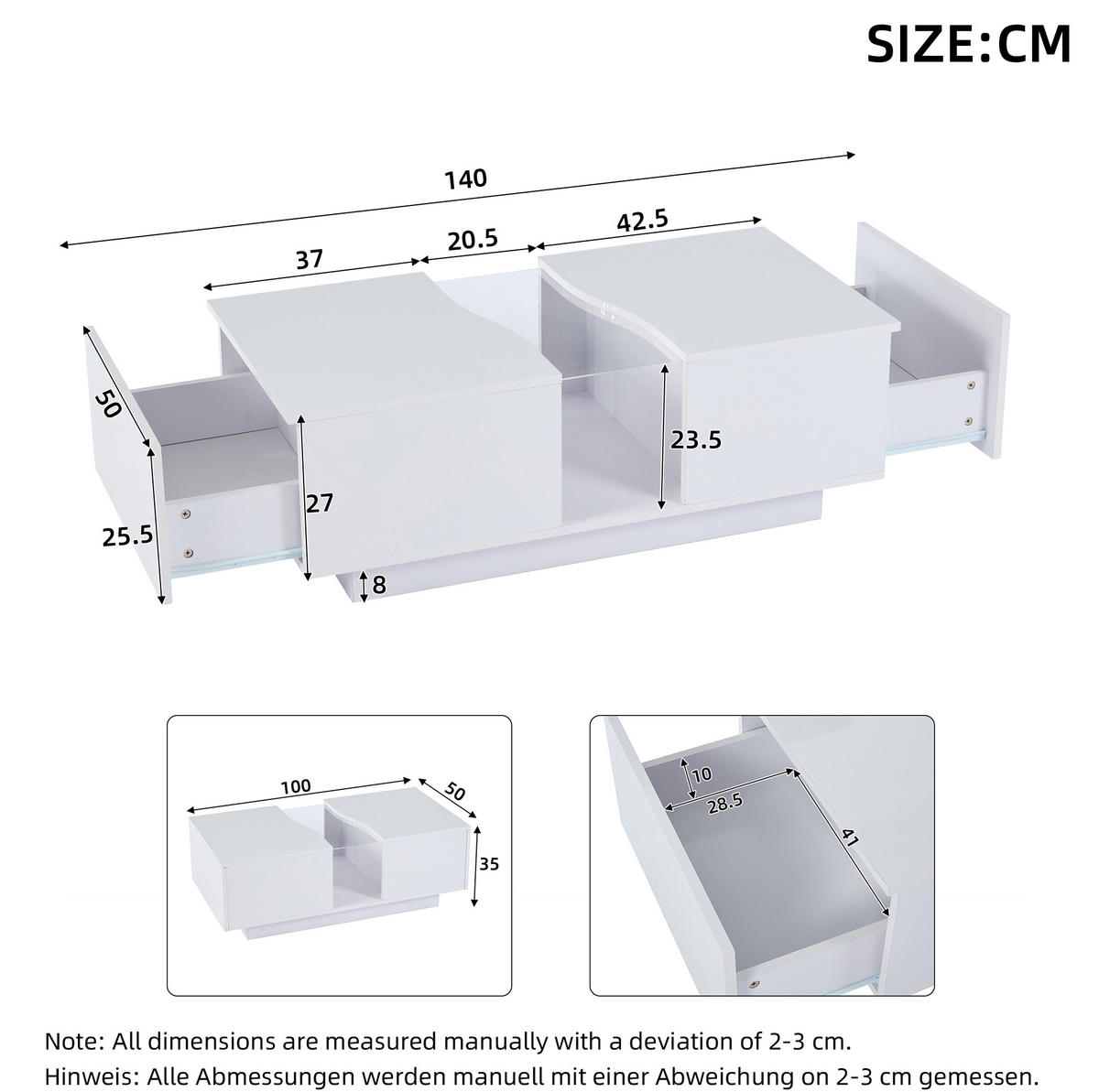 COUCHTISCH 100/50/35 cm in Weiß Hochglanz mit LED-Beleuchtung und 2 Schubladen - Weiß, Holzwerkstoff (100/50/35cm) - Flora Grace