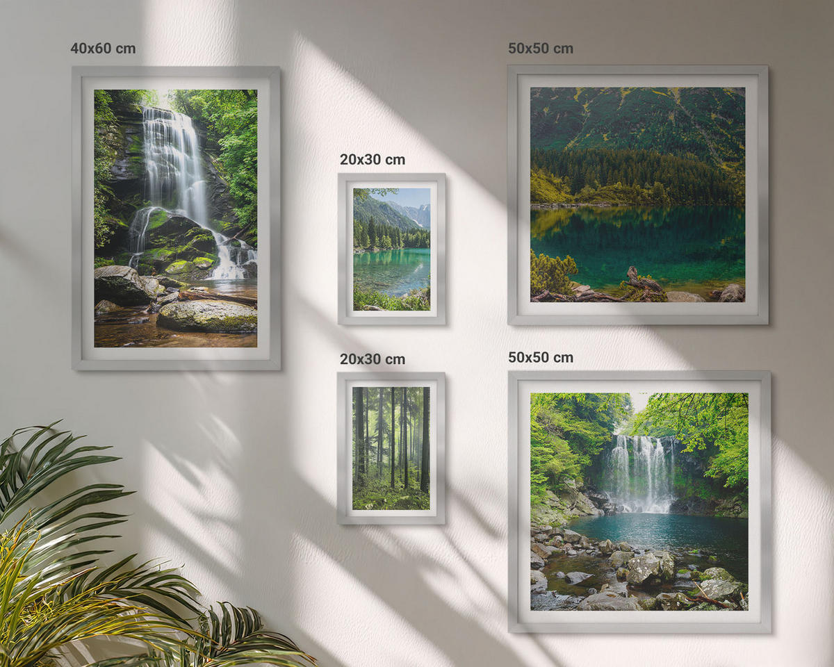 BILDER SET 5er Set - 50x50 cm & 20x30 cm & 40x60 cm Silberner Rahmen - Grüne Landschaften, Wasserfälle - Silberfarben, Kunststoff (40/60cm) - TULUP