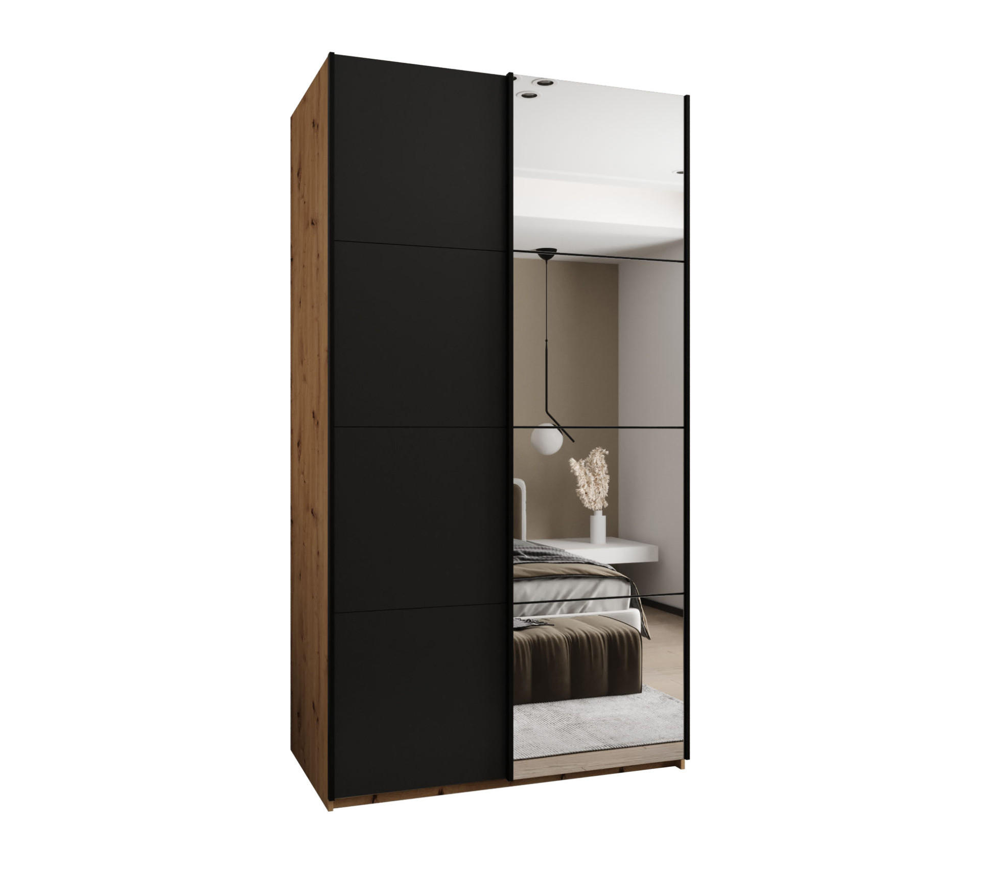 Abiks Möbel Schwebetürenschrank Eiche Artisan, Schwarz, Schwarz 140x245x64 cm