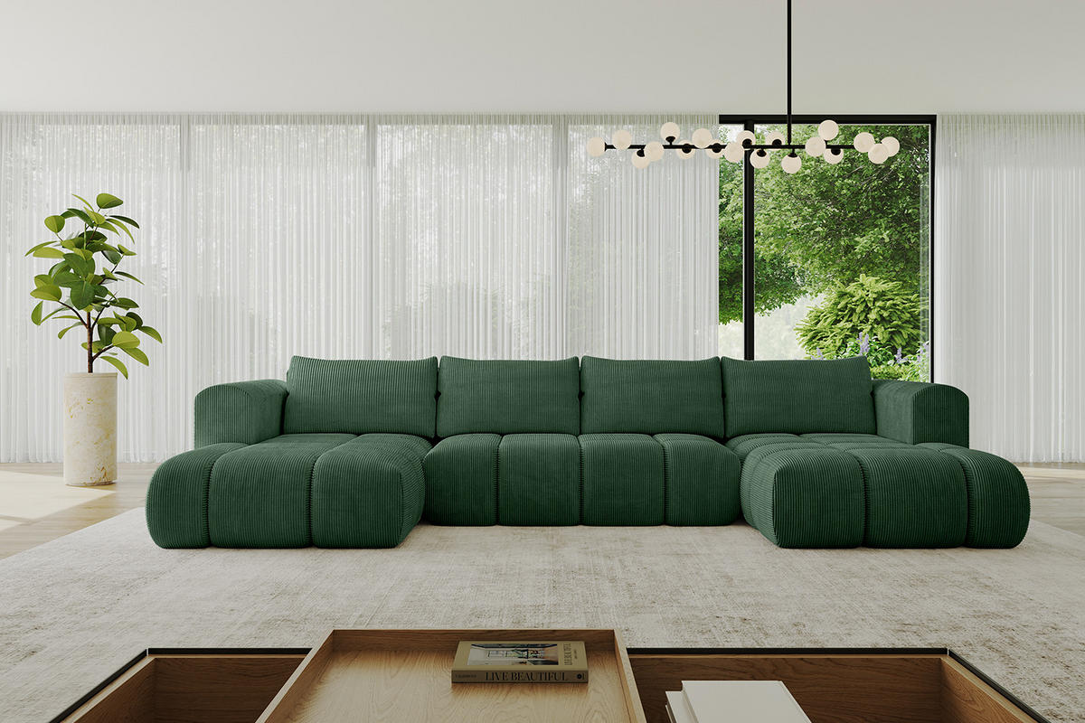 WOHNLANDSCHAFT Ottomane Links CLOUD-U 414x180x40 Grün Cord - Grün, Holzwerkstoff/Kunststoff (414/90/180cm) - ALTDECOR