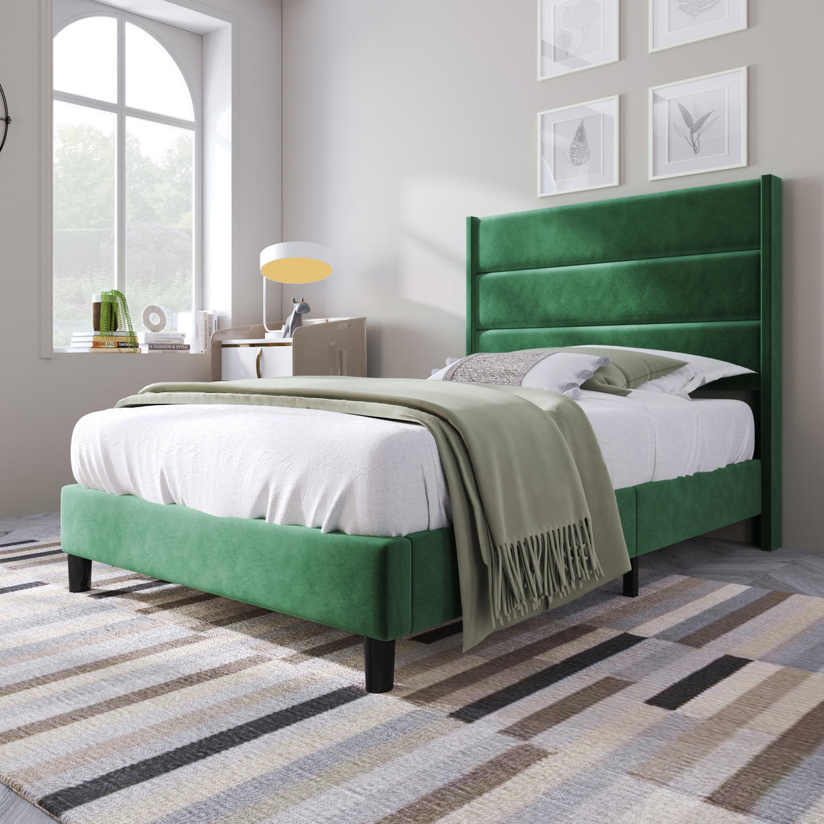 POLSTERBETT 90/200 cm Dunkelgrün aus Samt mit Lattenrost - Grün, Textil (90/200cm) - OKMYHOME