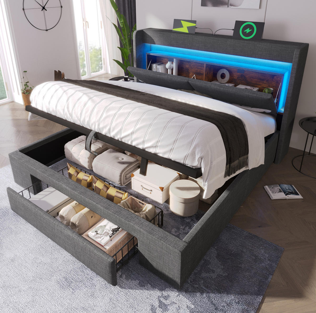 POLSTERBETT mit Stauraum, LED und USB 140x200 cm Leinen Grau - Grau, Metall (140/200cm) - Meubliv
