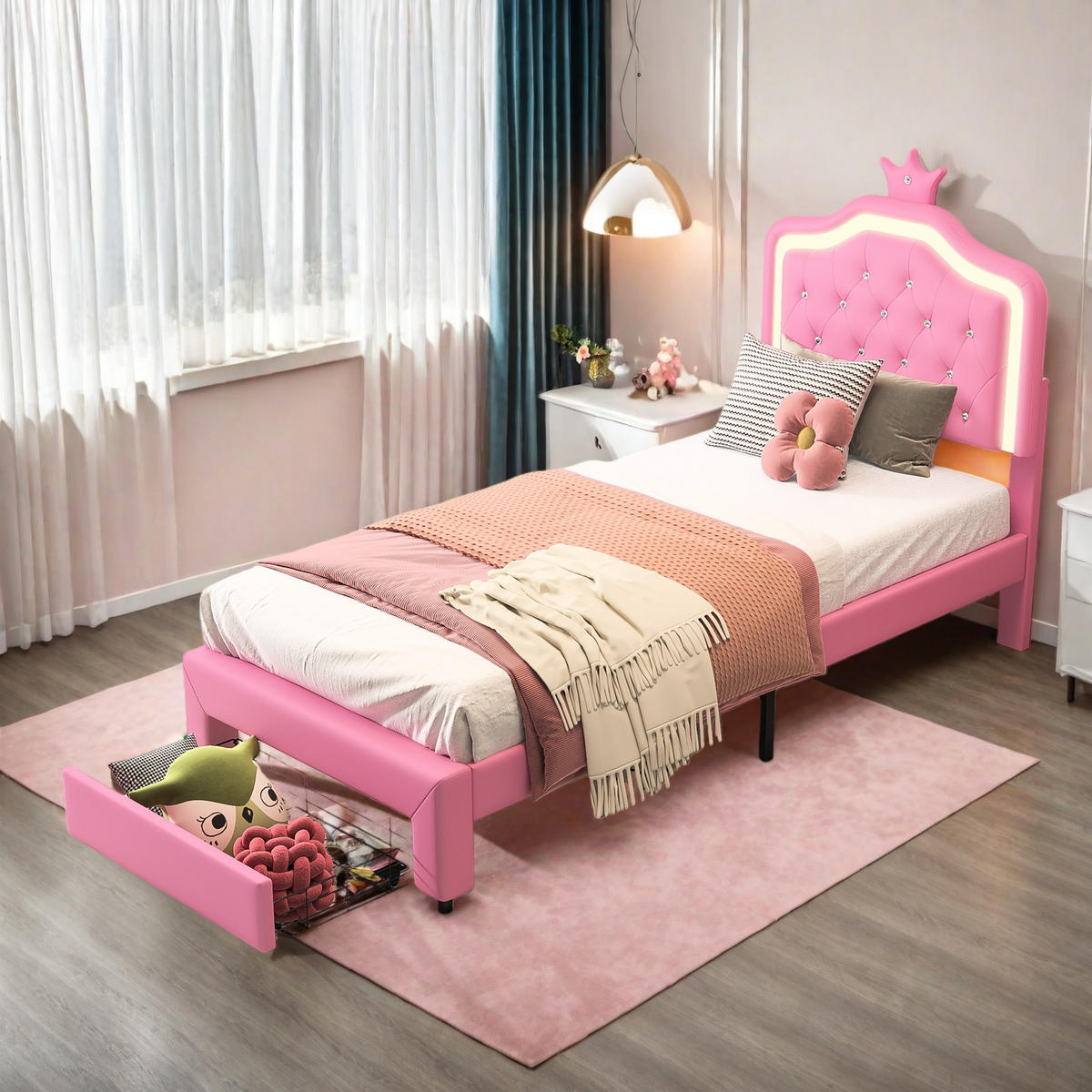 KINDERBETT 90/200 cm rosa mit Stauraum, Schublade und LED - Rosa, Holz - SHOPENTRA
