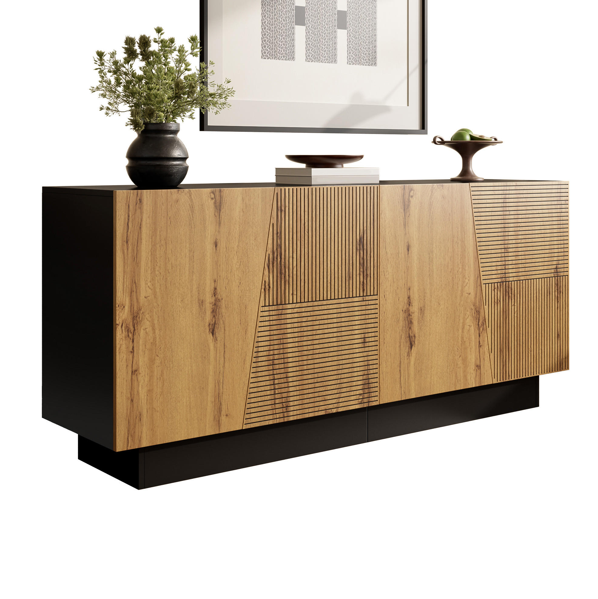 SIDEBOARD 160/40/72 cm Schwarz und Holzfarbe aus Spanplatte mit Stauraum - Schwarz, Holzwerkstoff (40/72/160cm) - OKWISH