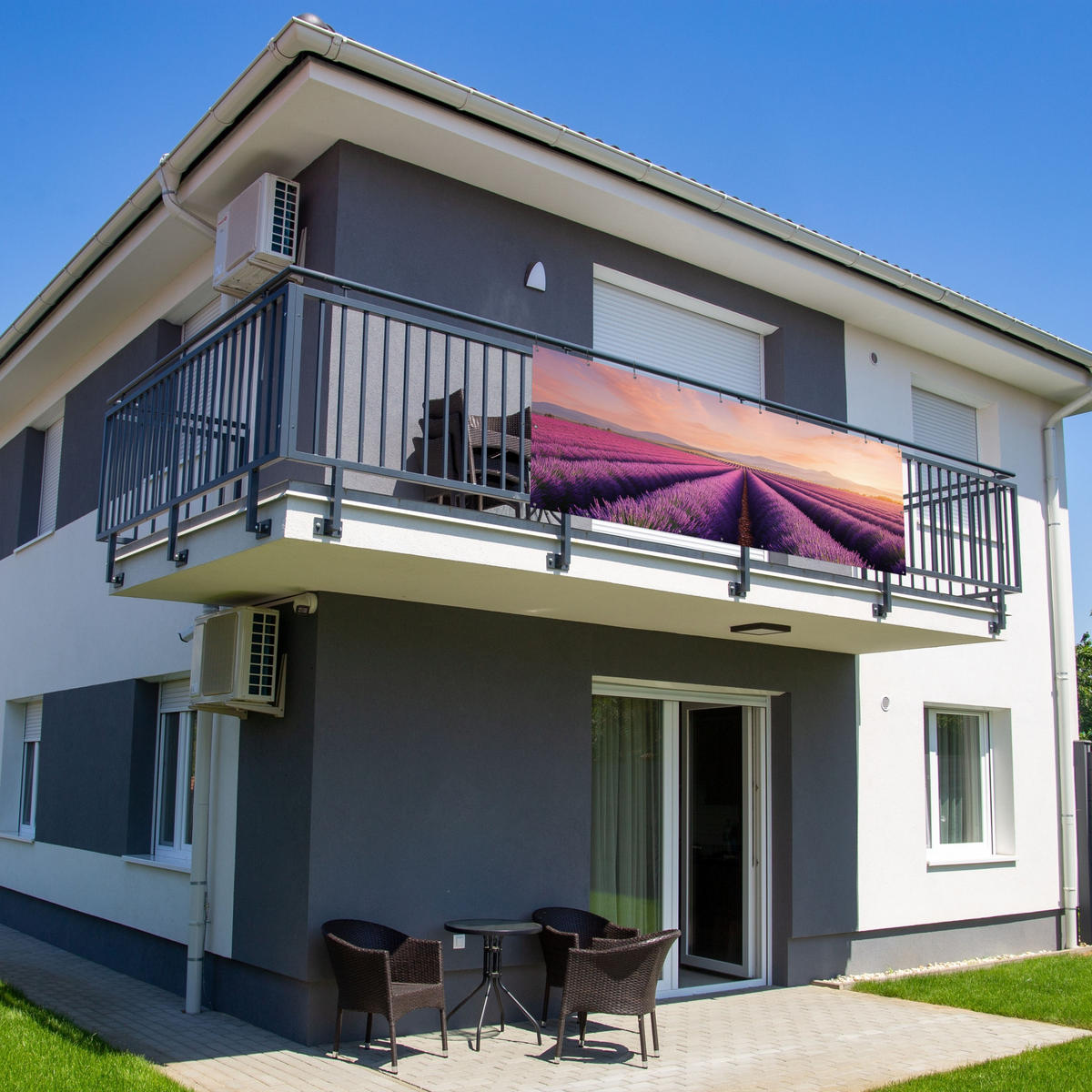 BALKON-SICHTSCHUTZ Lavendelfeld - Sonnenuntergang - Lila - Blumen - Violett, Kunststoff (300/110cm) - MuchoWow