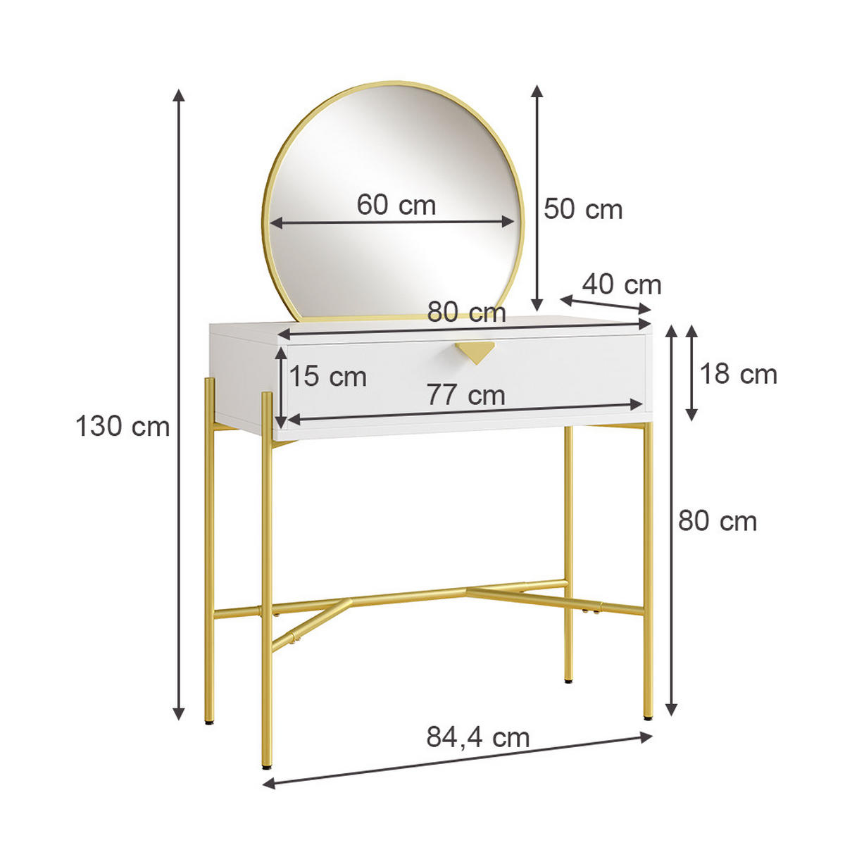 FRISIERTISCH MIT SPIEGEL Melissa Weiß 84.4 cm mit Schublade - Goldfarben/Weiß, Holzwerkstoff (84.4/130/40cm) - Vicco