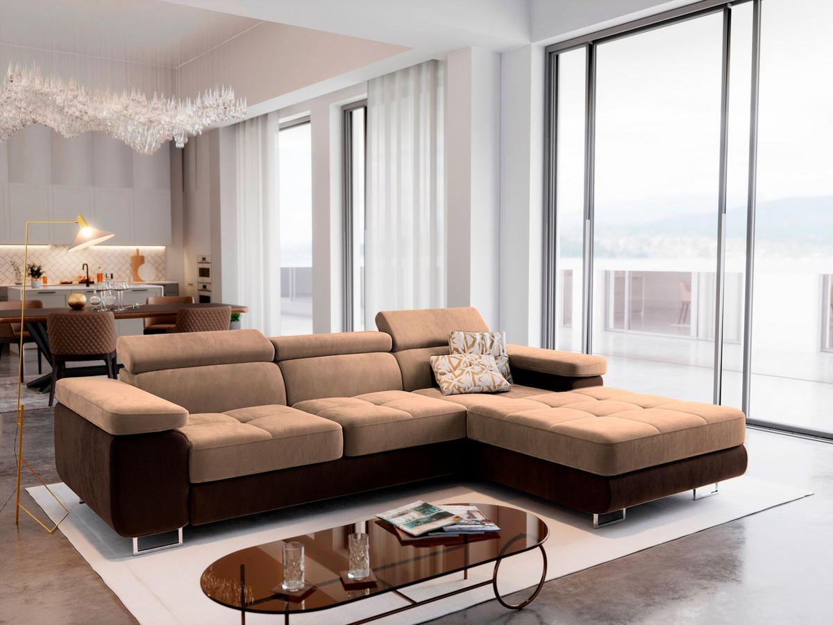 ECKSOFA ELMA R-S Beige Velours-Stoff mit Schlaffunktion - Beige, Holz (280/205cm) - MASSENO