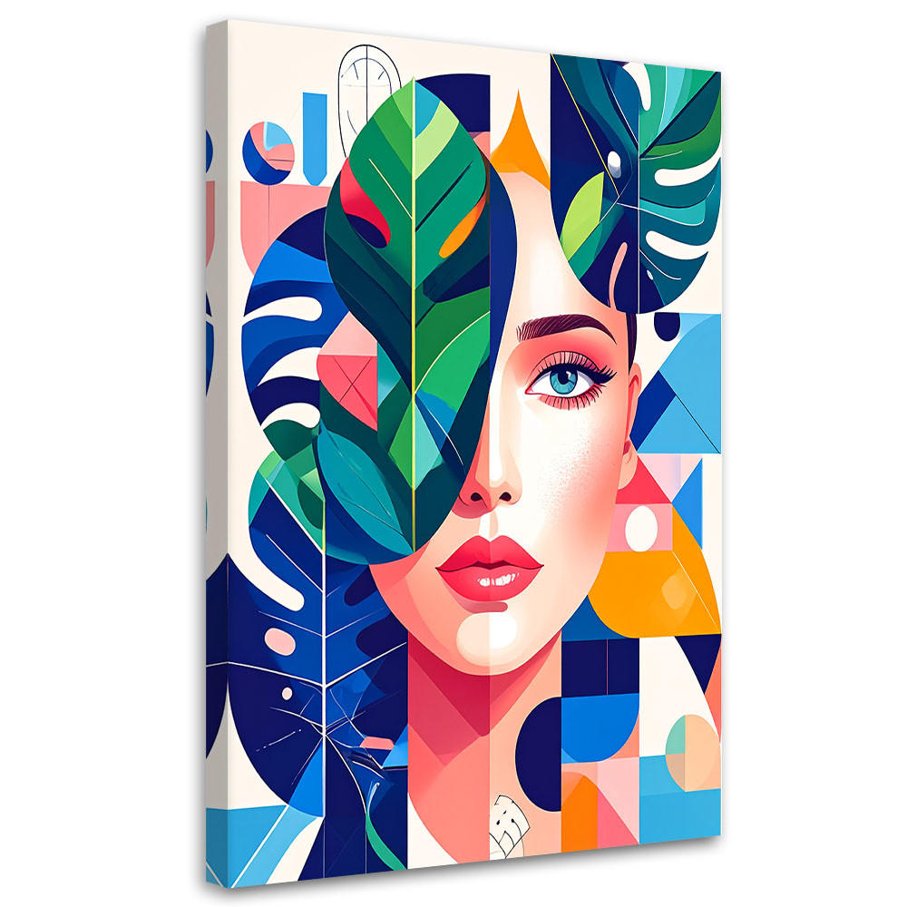 LEINWANDBILD Frau mit Monstera-Blättern im Bauhaus-Stil 70x100cm - Multicolor, Textil (70/100cm) - Feeby