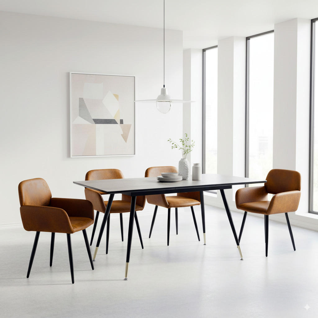 ESSTISCH SET mit ausziehbarem Tisch und 4 bequemen Stühlen - Schwarz/Braun, Holzwerkstoff/Metall (80/75/160cm) - Urban Meuble
