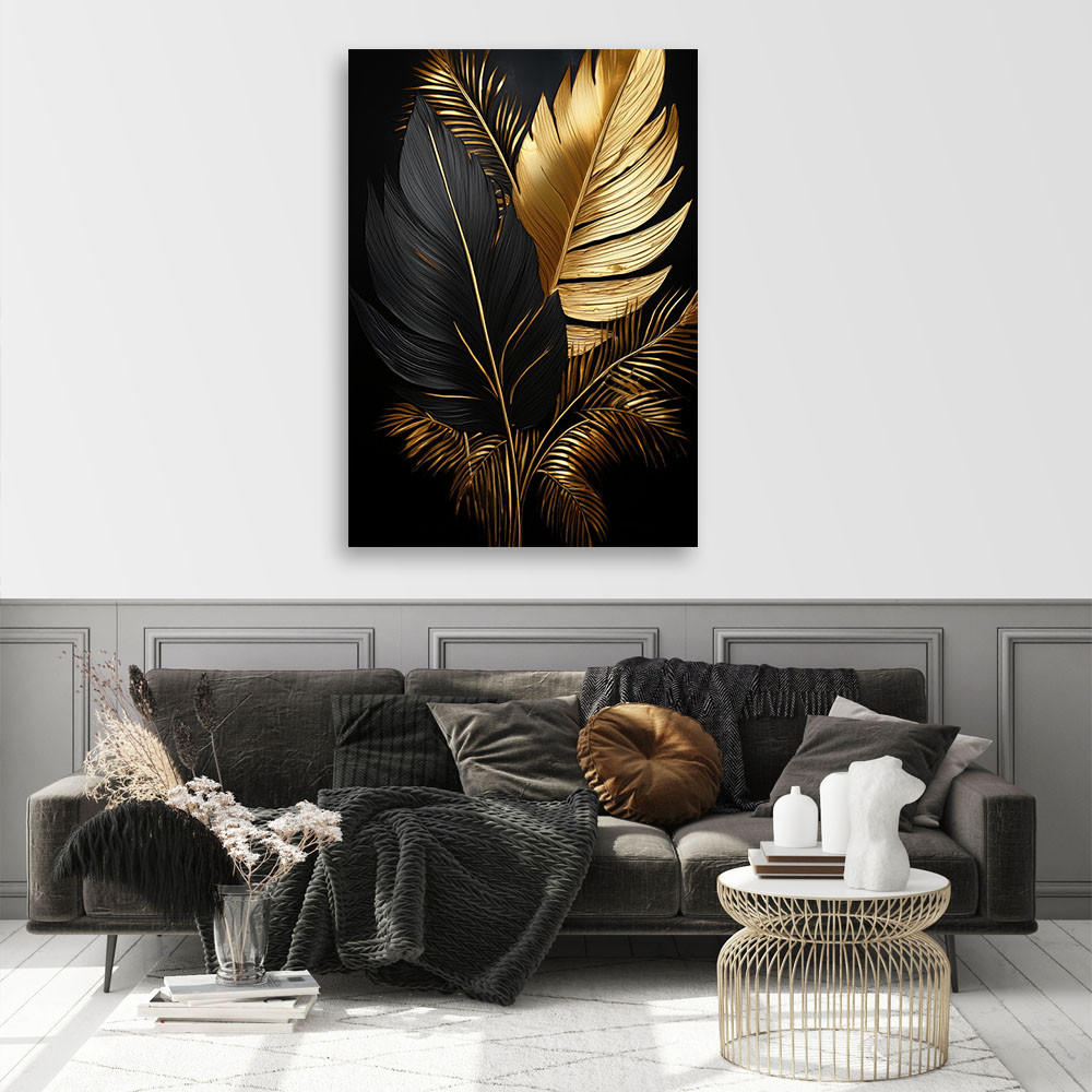 LEINWANDBILD Schwarze und goldene Palmblätter 70x100cm - Goldfarben, Textil (70/100cm) - Feeby