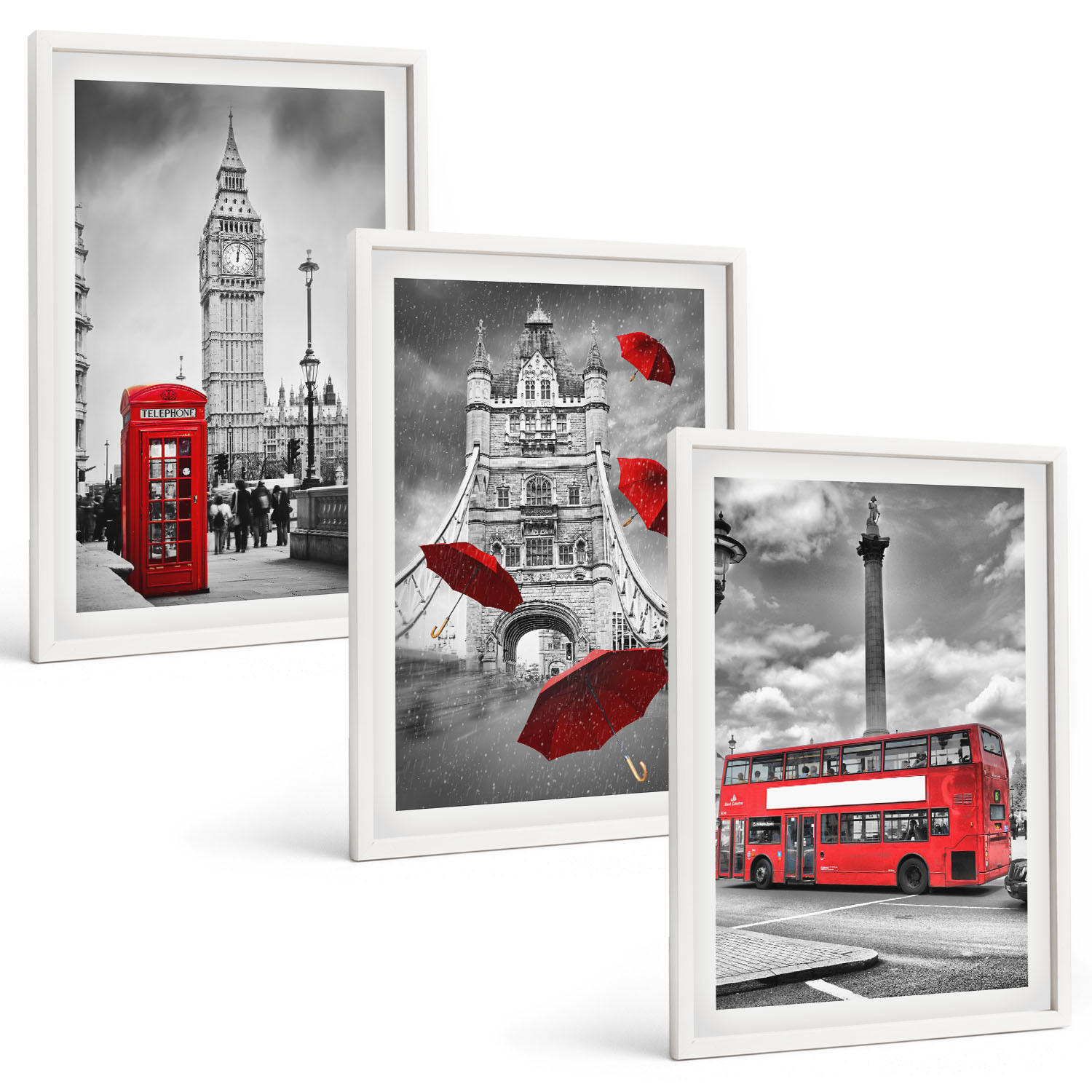 BILDER SET 3er Set - 40x60 cm Weißer Rahmen - Roter Regenschirmstand und Londoner Bus - Weiß, Kunststoff (40/60cm) - TULUP