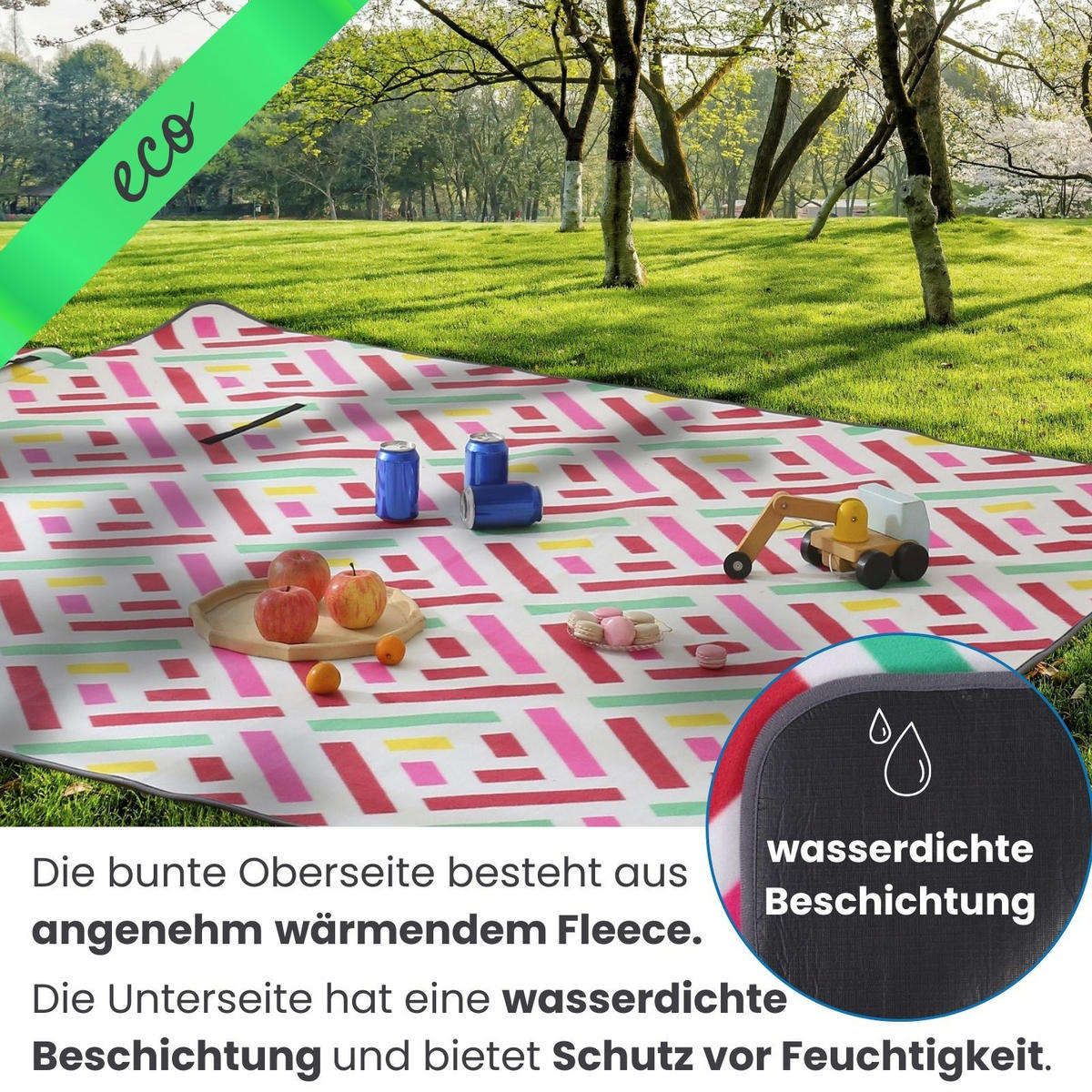 PICKNICKDECKE XXL 200x200 ecoline 100% recyceltes Fleece Grafik pink - Pink, Textil (200/200cm) - wometo