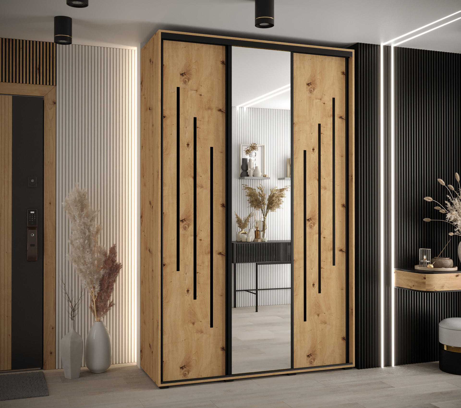 SCHWEBETÜRENSCHRANK 235,2/160/60 3-türig - Schwarz/Eiche Artisan, Holz/Metall (160/235/60cm) - Abiks Möbel