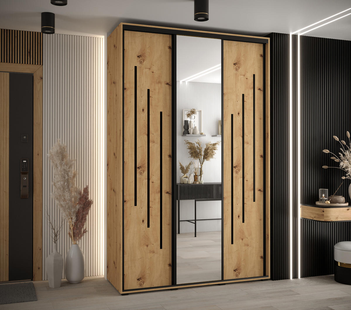 SCHWEBETÜRENSCHRANK 235,2/150/45 3-türig - Schwarz/Eiche Artisan, Holz/Metall (150/235/45cm) - Abiks Möbel