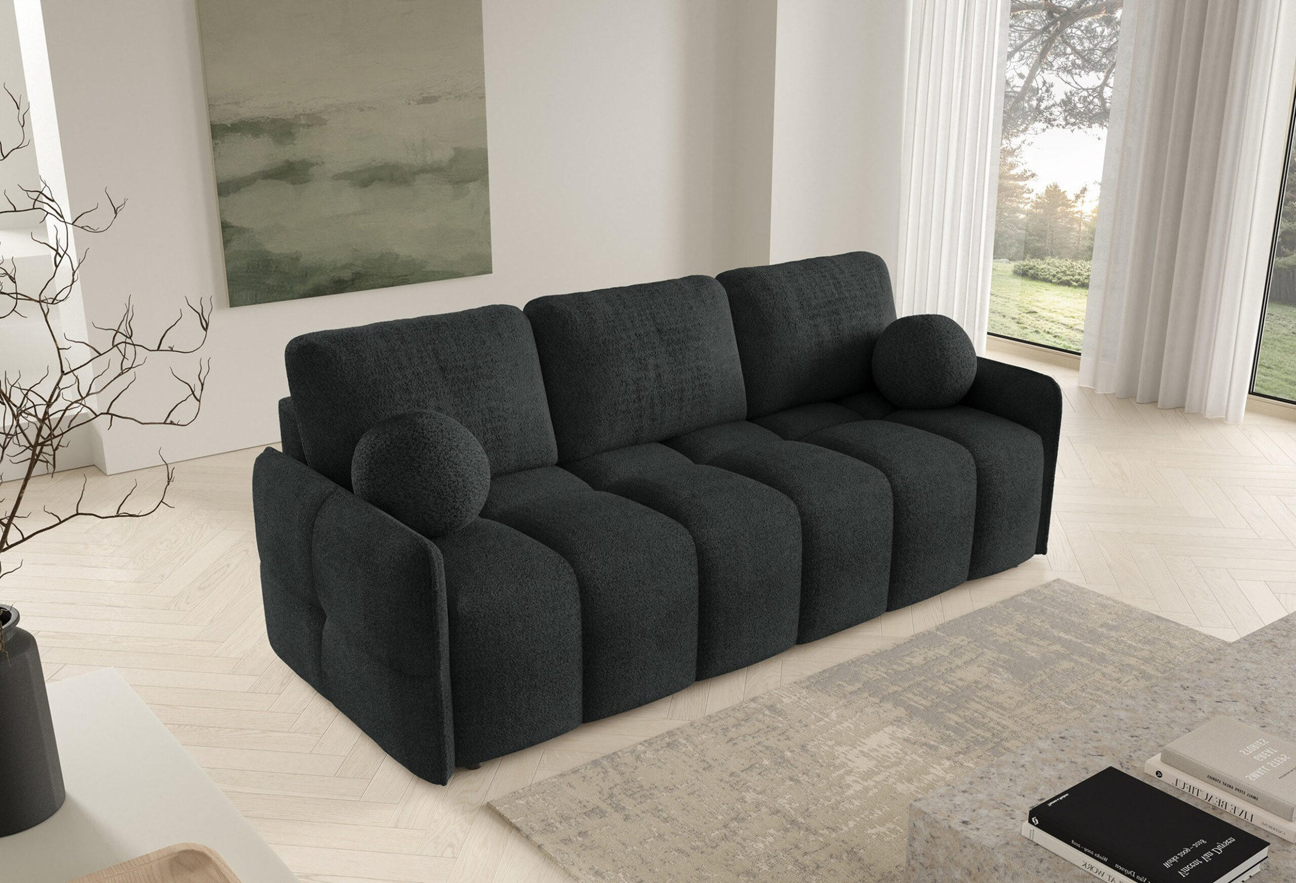 SCHLAFSOFA EMILI, Sofa mit Schlaffunktion und Bettkasten, Farbe: Dunkelgrau, Bouclé-Stoff - Dunkelgrau, Textil (212/95/90cm) - Sepro Meble