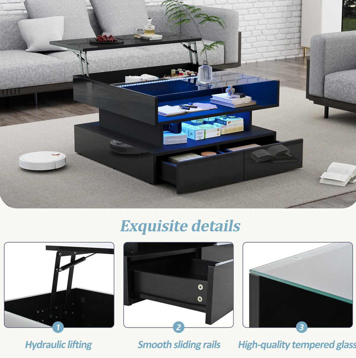 COUCHTISCH 80/80/45 cm schwarz aus Spanplatte und gehärtetem Glas mit Höhenverstellung, LED und Stauraum - Schwarz, Holzwerkstoff (80/80/45cm) - OKMYHOME