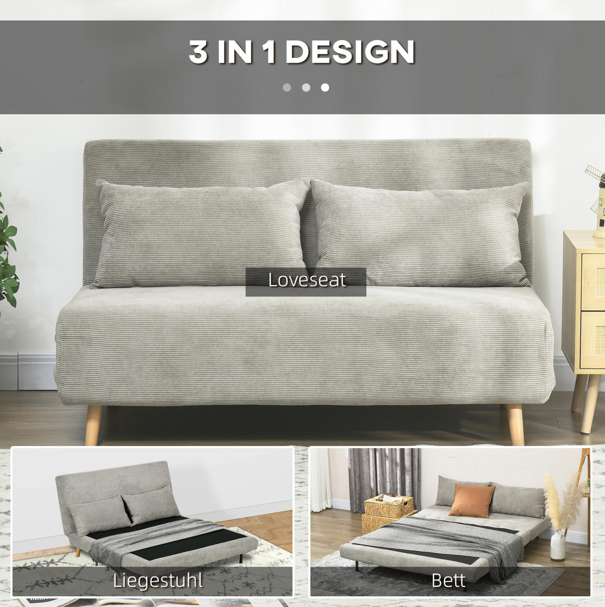 SCHLAFSOFA 141/90/81 cm in Grau – verstellbar mit 141/191 cm Liegefläche - Grau, Textil (90/81/141cm) - BEAOK