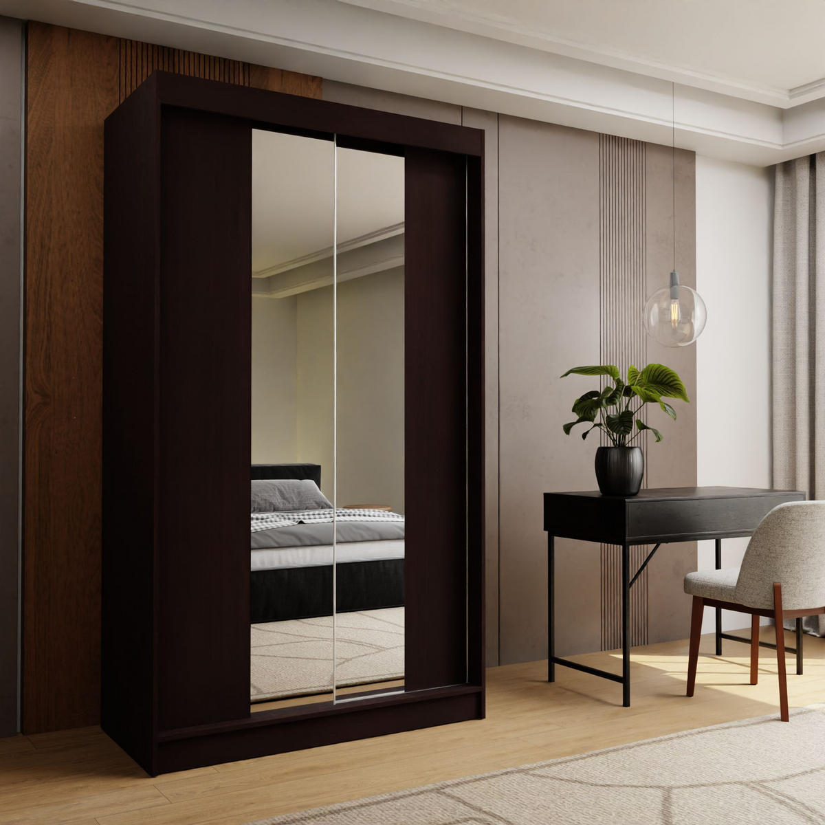 SCHWEBETÜRENSCHRANK LUCENZA 120/216/61 cm 2-türig mit Spiegel Wengefarben - Wengefarben, Holzwerkstoff (120/216/61cm) - MASSENO