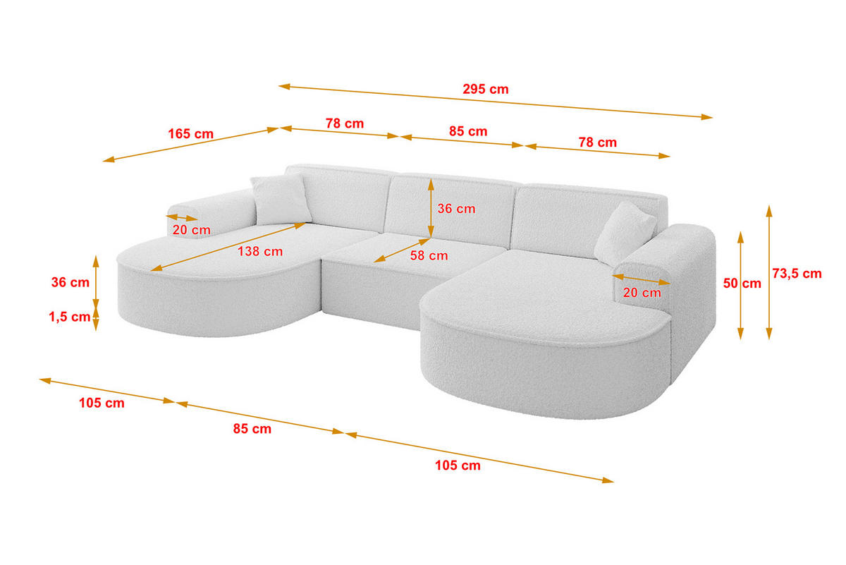 WOHNLANDSCHAFT MARI-U1 - 295x163x73,5 cm Weiß Bouclé - Schwarz/Weiß, Holzwerkstoff/Kunststoff (295/73.5/163cm) - ALTDECOR