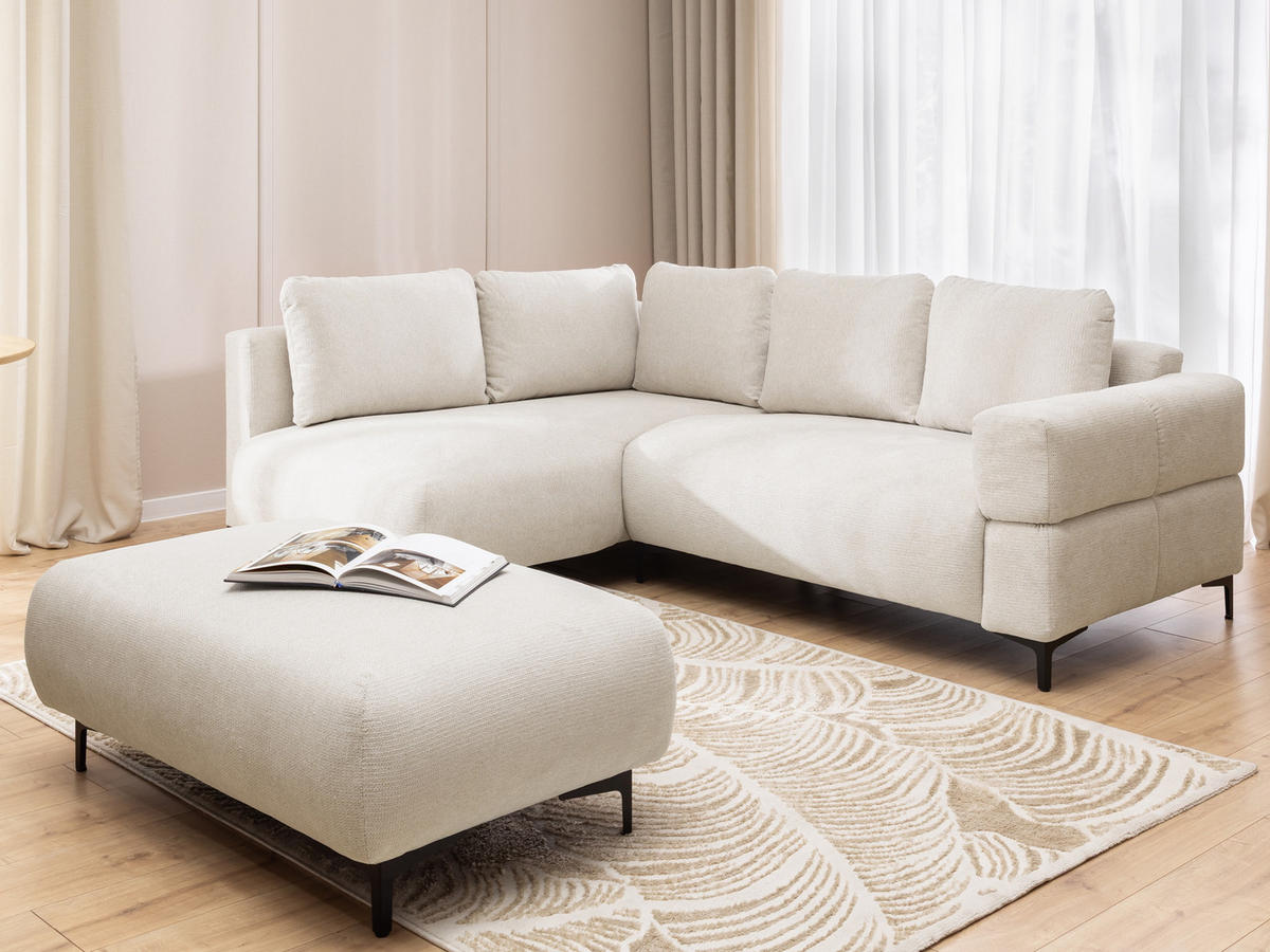 POLSTERHOCKER Cardea in Bubble-Optik aus weichem Creme Strukturstoff mit hohem Sitzkomfort - Creme/Schwarz, Holz/Textil (110/46/65cm) - S-Style Möbel