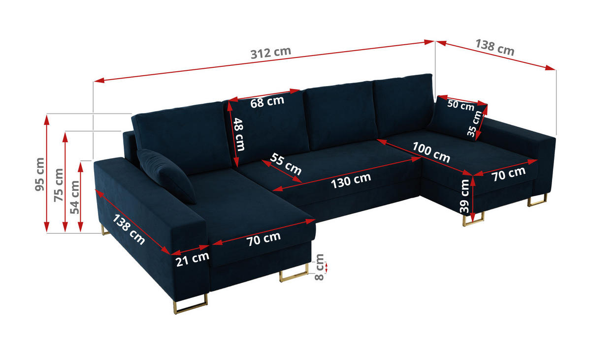 WOHNLANDSCHAFT DORIAN U Velvet Dunkelblau - Goldfarben/Dunkelblau, Textil/Metall (312/95/138cm) - MKS