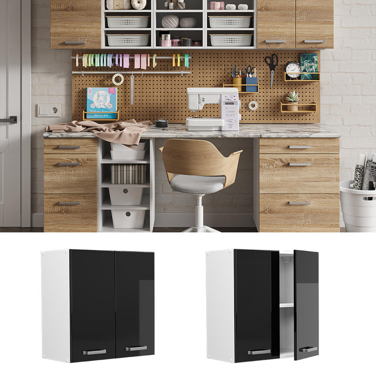 UNIVERZÁLNÍ NÁSTĚNNÁ SKŘÍŇKA R-Line Černý vysoký lesk - bílá/vysoce lesklá černá, kompozitní dřevo (60/60/31cm) - Vicco