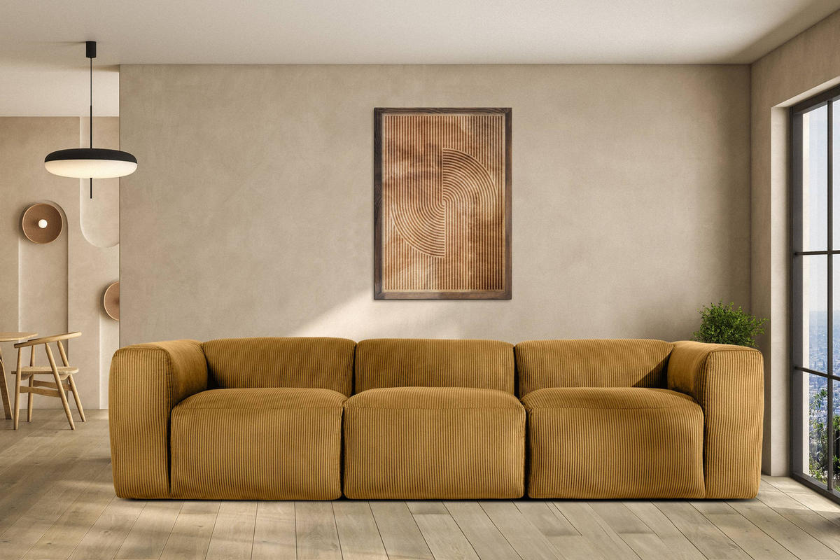 3-SITZER-MODULSOFA BUFFO mit extrem weicher und bequemer Sitzfläche, Kordstoff, gelb - Gelb, Textil (290/73/96cm) - KONSIMO®