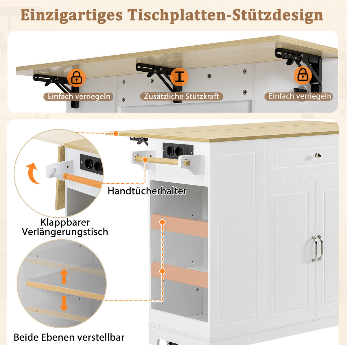KUECHENINSEL mit Rollen und Ausziehplatte 131,8 x 40-70 x 93,3 cm Weiß/Natur - Weiß, Holz (40/93.3/131.8cm) - Beauniv