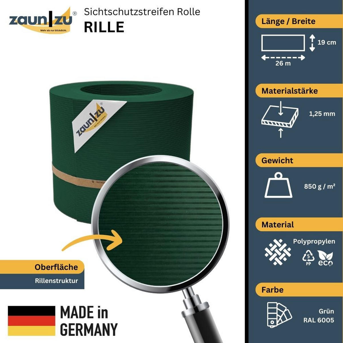 SICHTSCHUTZSTREIFEN Rille PP für Doppelstabmatten Zaun Grün 26m - Grün, Kunststoff (2600/19cm) - ZAUN|ZU