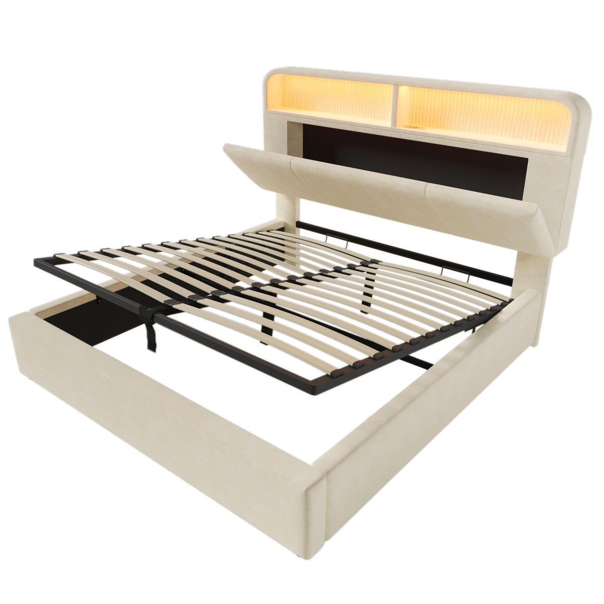 POLSTERBETT 140/200 cm Beiger mit höhenverstellbarem Stauraum-Kopfteil und LED-Beleuchtung - Beige, Textil (140/200cm) - OKWISH