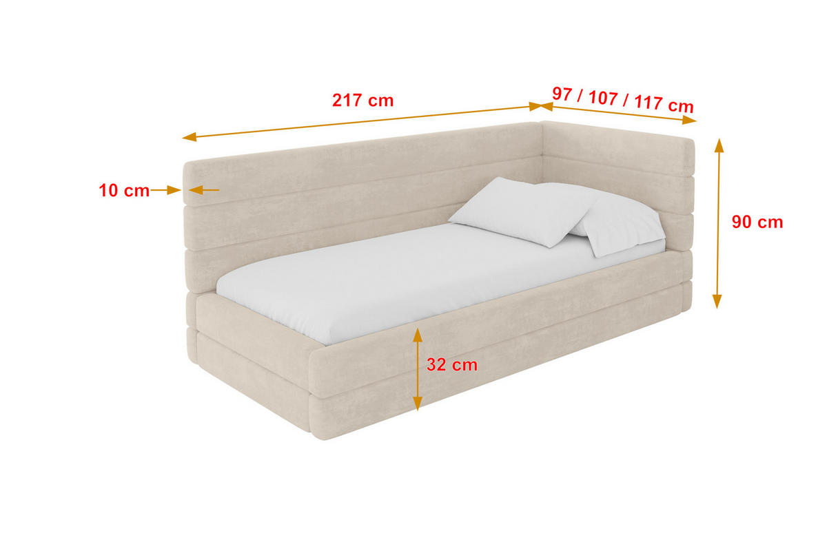 EINZELLBETT Jugendbett mit Bettkasten, Links - BEMY 90x200 Beige - Beige, Holzwerkstoff/Textil (90/200cm) - ALTDECOR