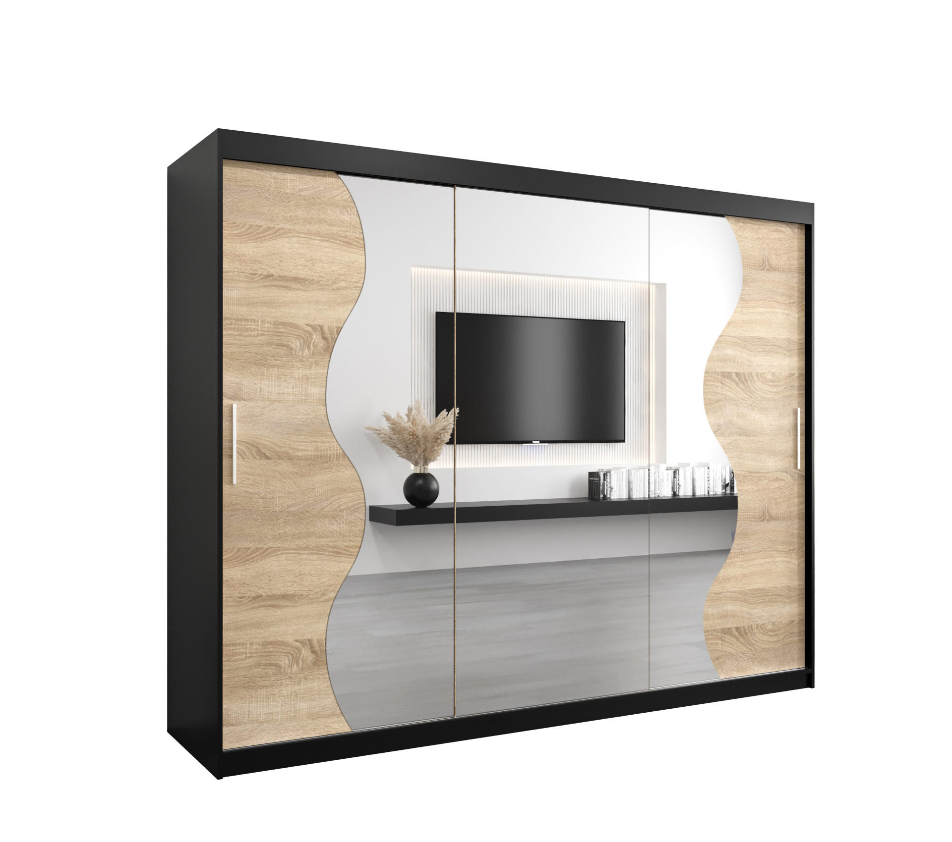 SCHWEBETÜRENSCHRANK 200/250/62 3-türig - Silberfarben/Schwarz, Holz/Kunststoff (250/200/62cm) - MÖBEL KRYSPOL