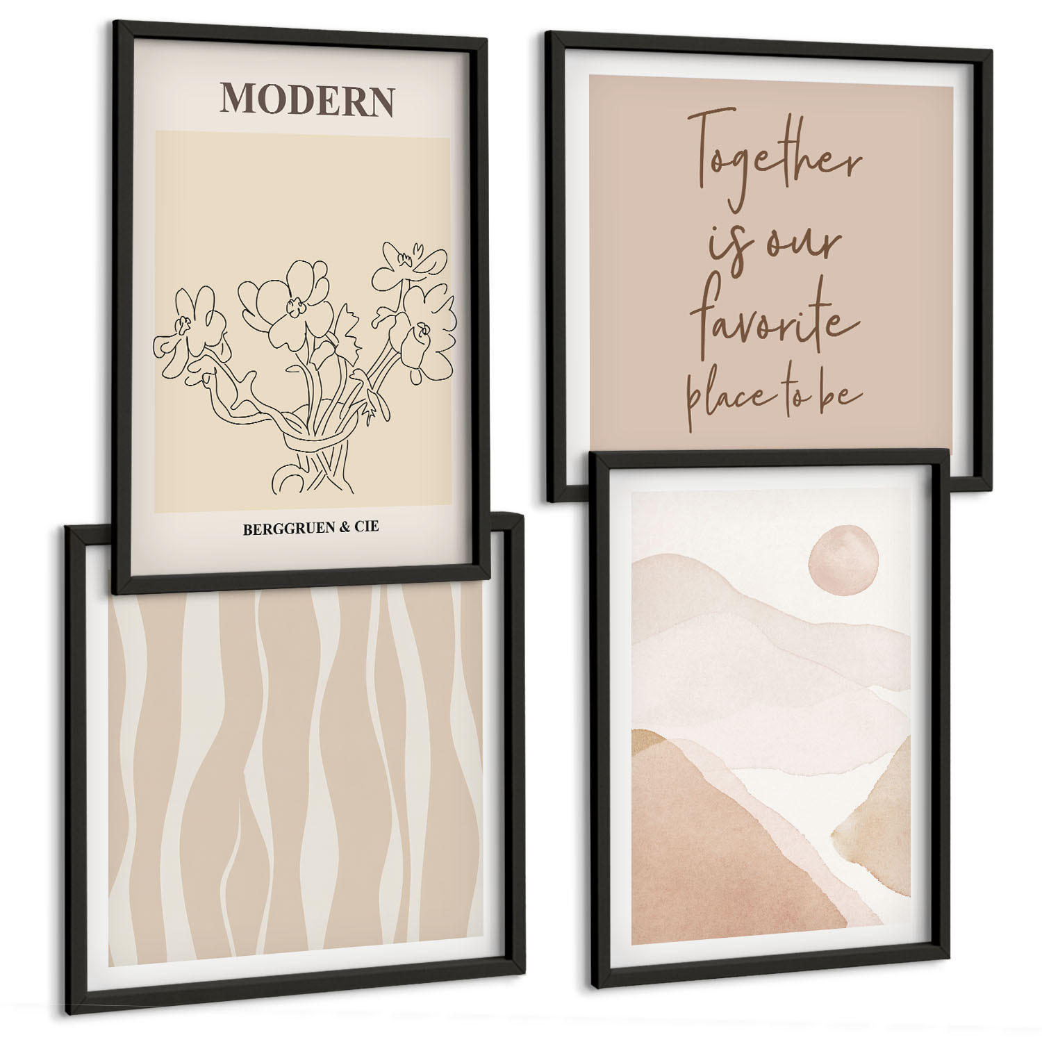 BILDER SET 4er Set - 50x50 cm & 40x60 cm Schwarzer Rahmen - Abstrakte Formen und Farben - Schwarz, Kunststoff (50/50cm) - TULUP