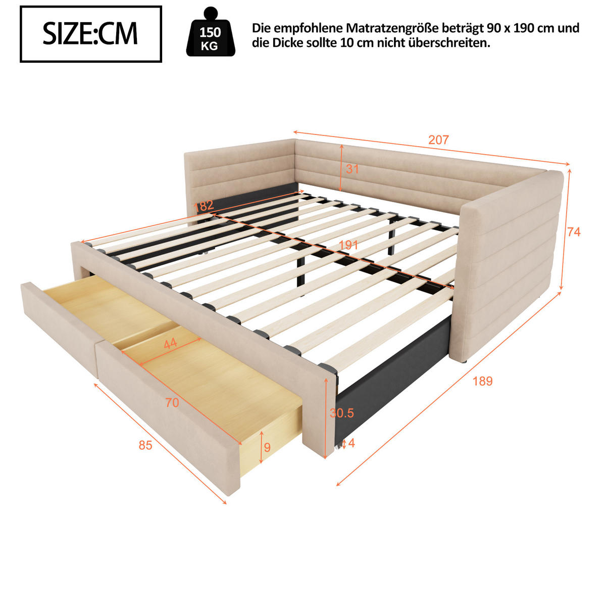 AUSZIEHBARES Polsterbett aus Baumwolle und Leinen 90x190 cm Beige, erweiterbar auf 180x190 cm - Beige, Textil (90/190cm) - IVMEU