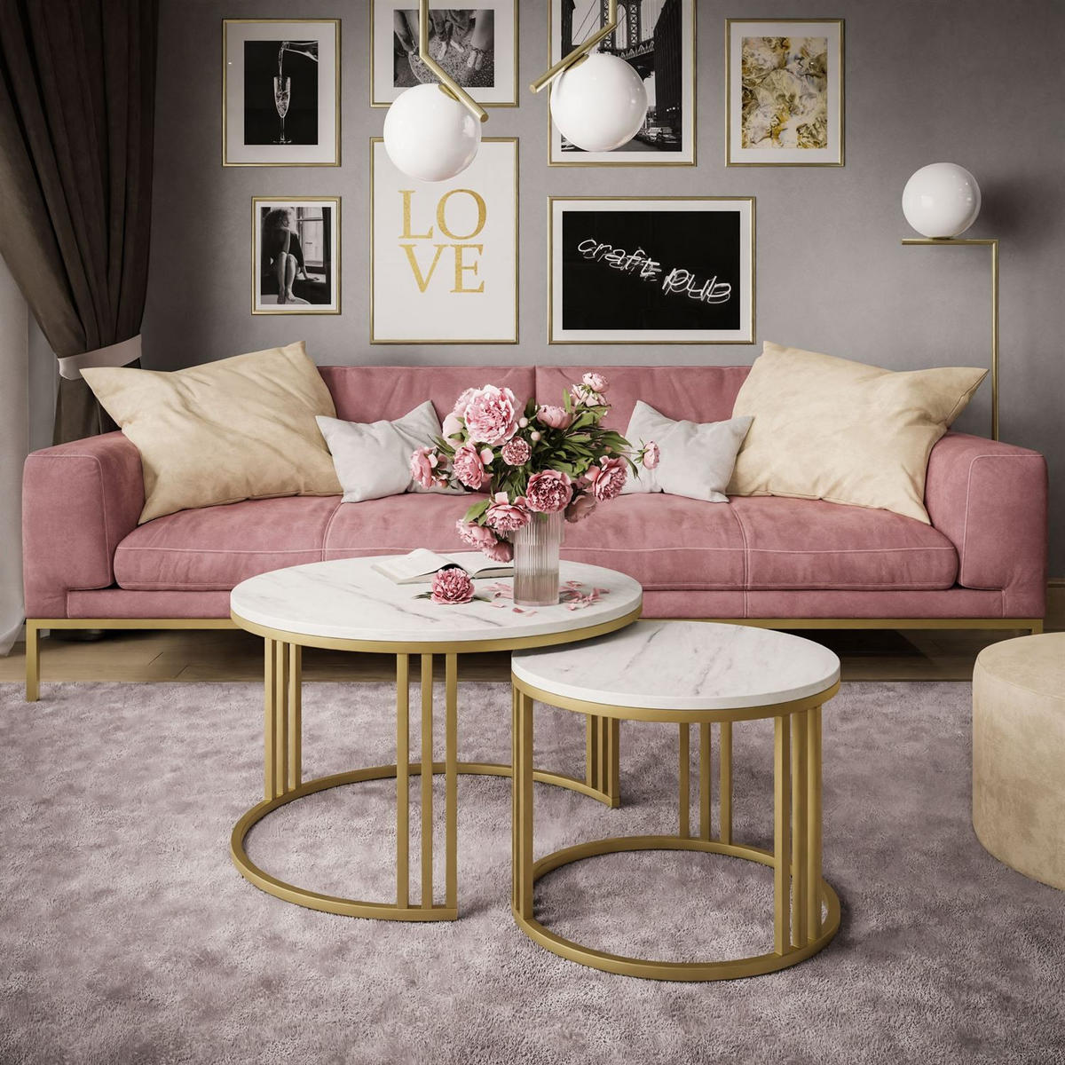 COUCHTISCH 2 in 1 LORI LEVANTO mit goldfarbenem Fuß - Goldfarben, Holzwerkstoff (70/70/48cm) - Lookway