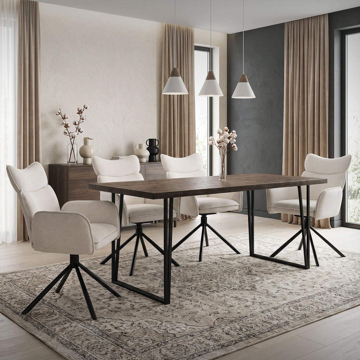 JÍDELNÍ ŽIDLE Sada 6 ks otočné béžové s látkovým potahem - černá/béžová, kov/textil (63/89/68cm) - ML-DESIGN