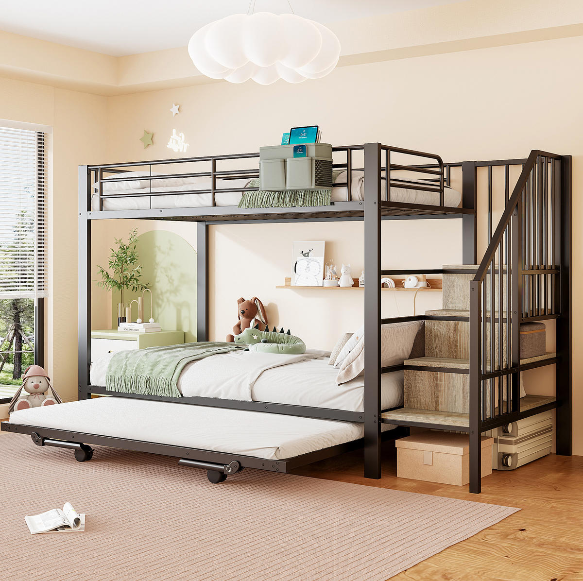 ETAGENBETT aus Metall 90x200/180x200 cm Schwarz mit Ausziehbett, Stauraumtreppe und Stofftasche - Schwarz, Metall (90/200cm) - Modfu